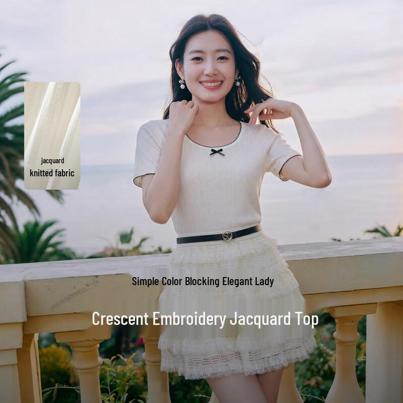 

Fashion Jacquard Round Neck T-shirt with Bowknot S