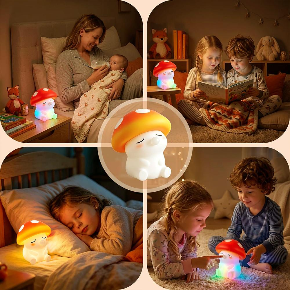 Squishy Mushroom Night Light With RGB Color 2 Brightness Adjustable Nursery Nightlight Rechargeable Silicone Touch Bedside Lamp