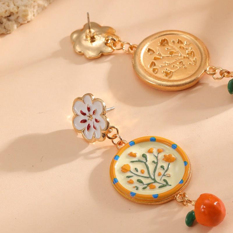 Cute Floral Orange Fruit Pendant Earrings Zinc Alloy Hand-Painted Fashion Jewelry Women