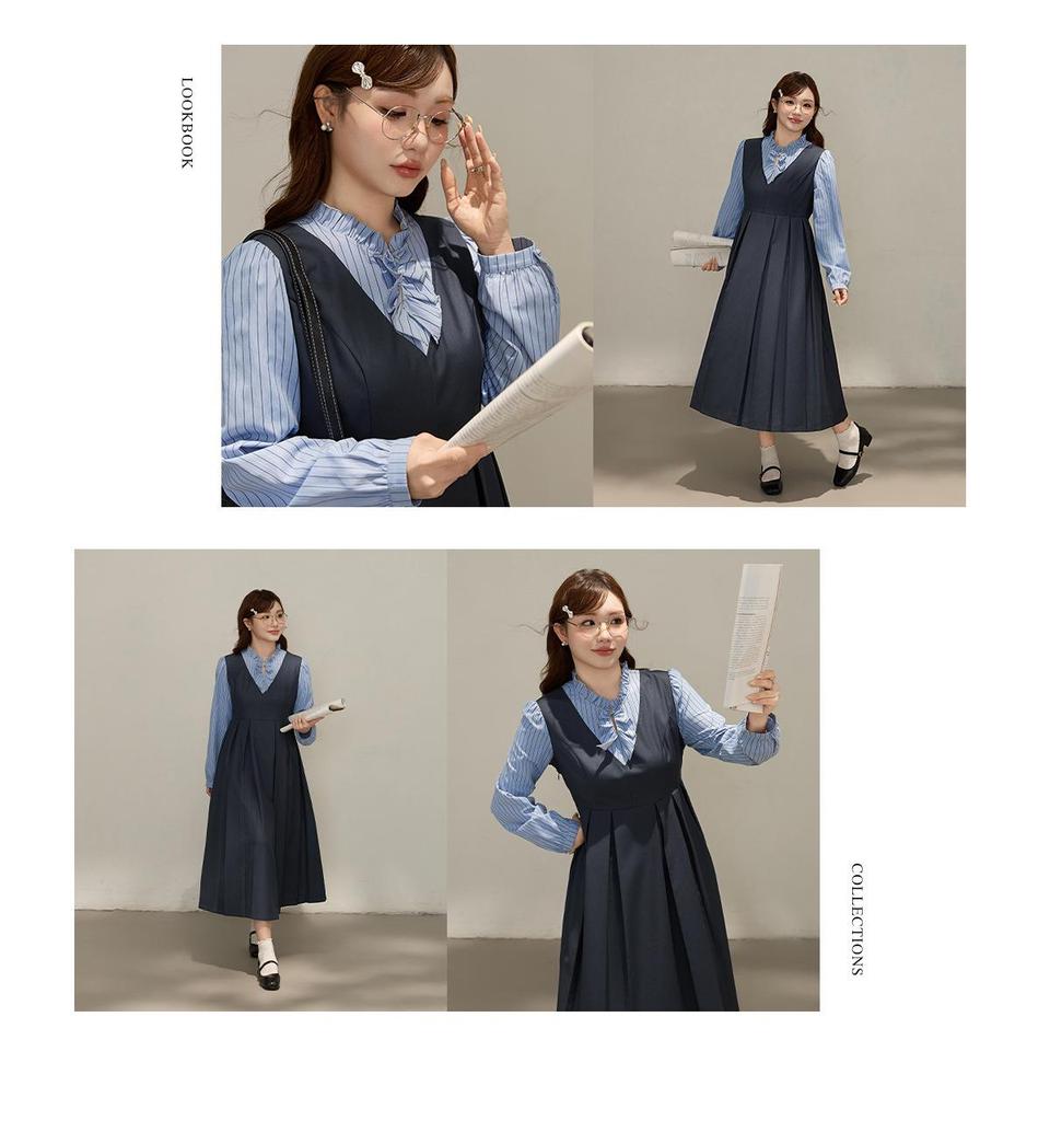 Autumn Pleated Slimming Plus Size College Style Two-Piece Dress for Women