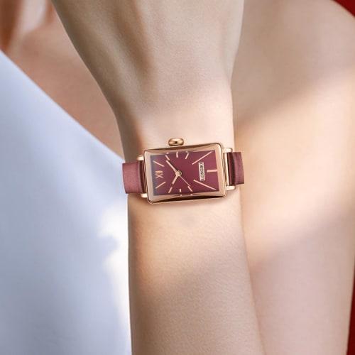 Ceas de mână pătrat pentru femei cu curea de piele și accente de diamant, Mic, Elegant, Rezistent la apă, Simplu, Business, Drăguț, Casual, Lux, Cadou, Ceas roșu