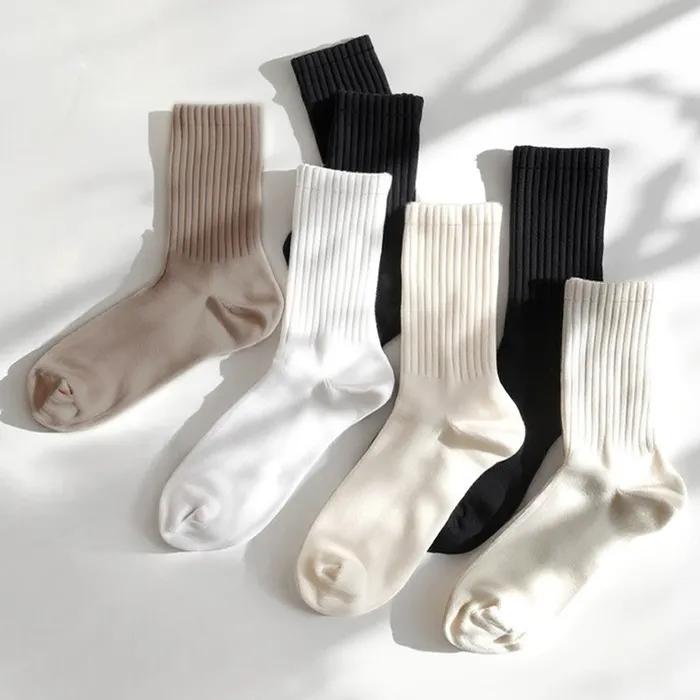 [5 Pairs] Women's Mid-Length Daily Plain Socks (White/Black/Beige/Ivory)