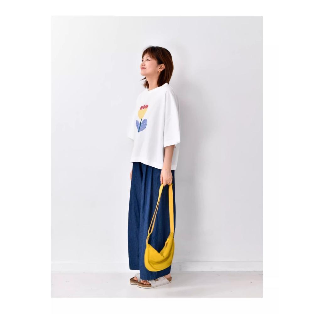 DIMANAF 2025 Summer Cotton T-shirt Women Printing Embroidery Asymmetrical Short Sleeve Loose