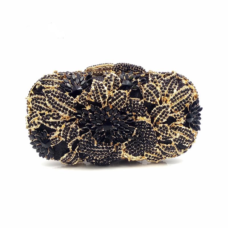 Floral Women Crystal Rhinestone Evening Bags Black Diamond Clutch Bag Wedding Bridal Clutches Gold Metal Handbag Purse Bags
