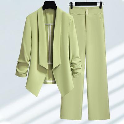 Women Spring Summer Green Blazer Pants Two Pieces Sets Office Lady Graceful Thin Suit Jacket Trousers Outfits Work Clothing
