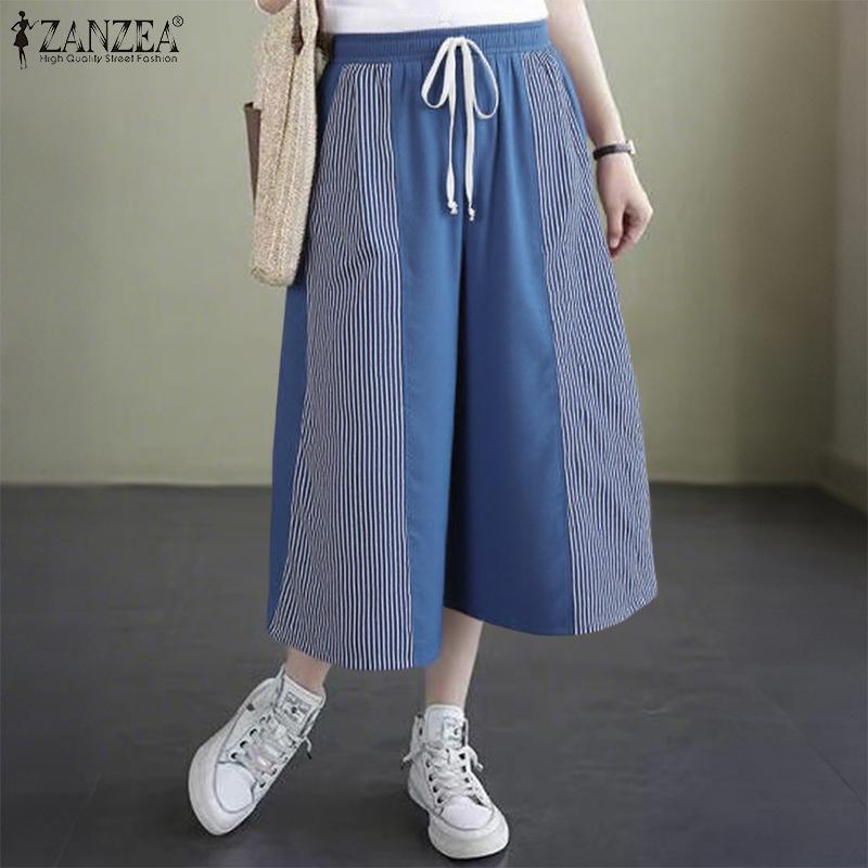 ZANZEA Women Casual Elastic Waist Loose Stripe Splice Capri Pants