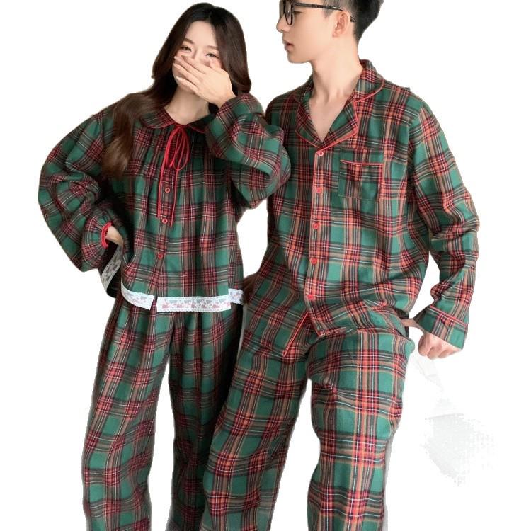 Vánoční kostkované párové pyžamo v korejském stylu s límečkem Petra Pana