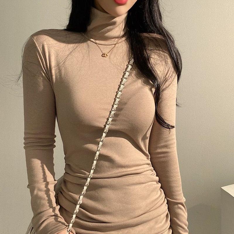 Sexy High Waist Bandage Dresses for Women Thicken Slim Elastic Turtleneck Dress Woman Solid Color Long Sleeve Inner Wear Dresses