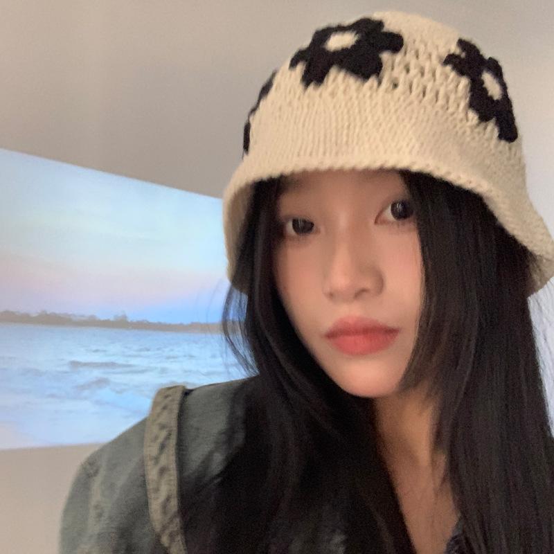

Comfortable Knit Oversized Hat With Ear Protection And Adorable Flower Pattern For Weather Cold White Black Floral