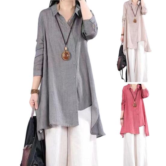 Women Shirt Lapel Long Sleeve Single Breasted Shirt Tops Irregular Hem Solid Color Mid-length Leisure Shirt