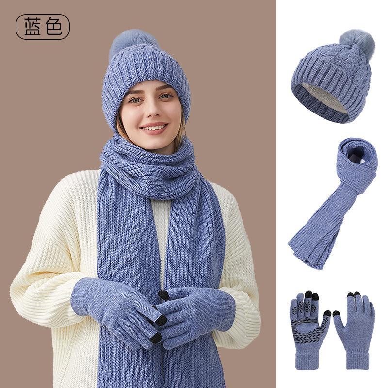 

Новая вязаная шапка, шарф и перчатки из трех частей, ветрозащитный и теплый универсальный бархатный комплект для защиты ушей, устойчивый к холоду M（56-58cm） синий