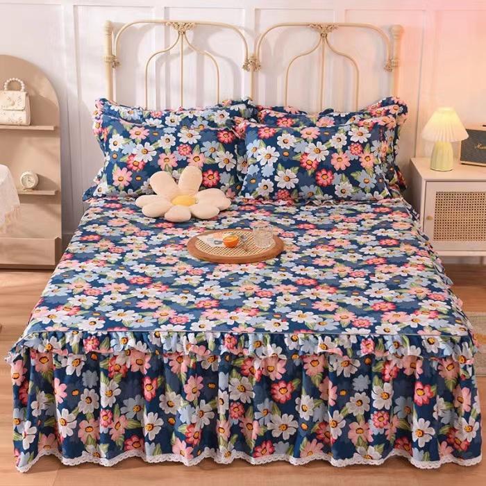 3pcs Sheet Set High Grade 100% Cotton Printed Bedspread King Queen Size Cute Pure Cotton Thick Bed Skirt with 2pcs Pillowcase