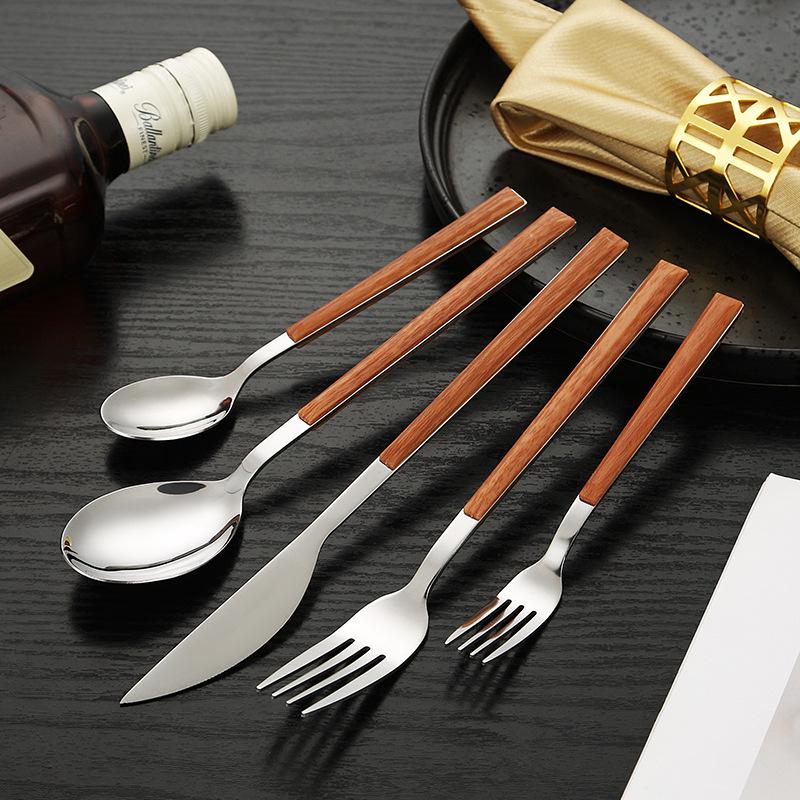 Korean Style Stainless Steel Cutlery Set: Knife, Fork, Spoons with Creative Anti-Wood Handles for Steak, Fruit, and Dessert