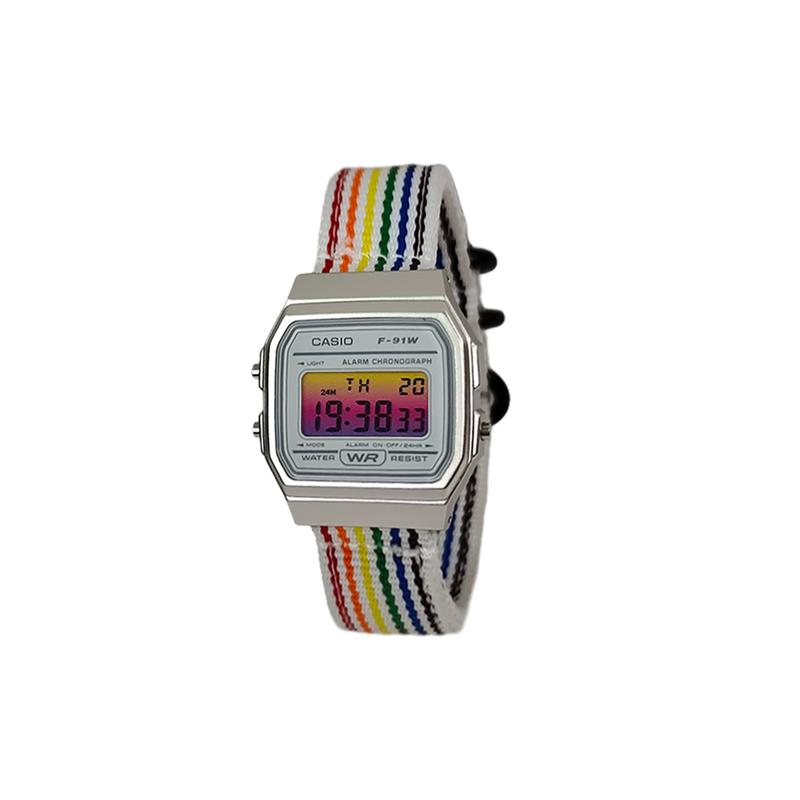 CASIO Customized watch modified series various colored mirrors golden resin case classic retro square Quartz nylon strap men F-91WM-9A