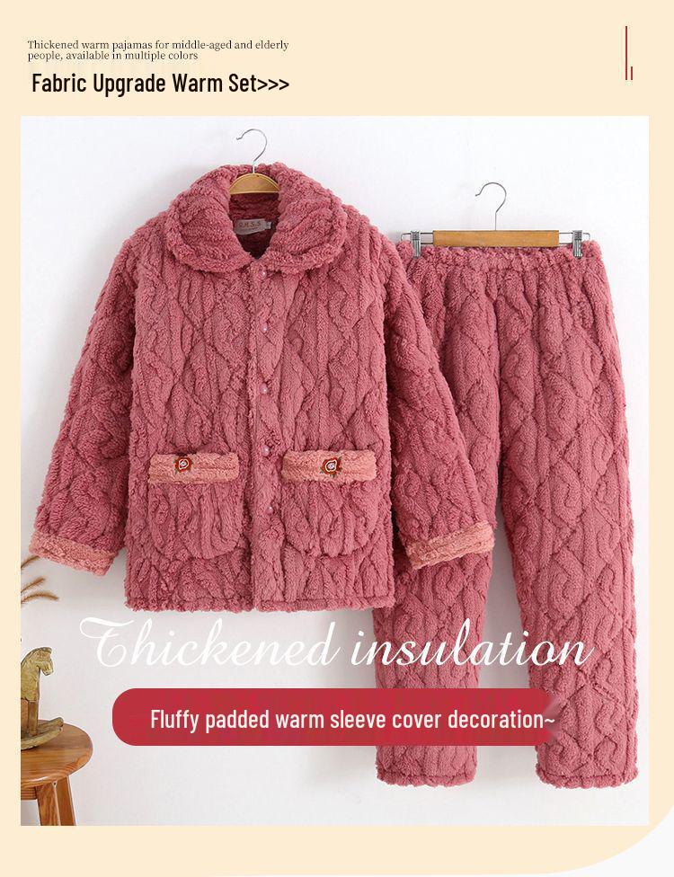 Three-Layer Fleece-Lined Quilted Winter Pajama Set for Elderly Women - Warm Coral Fleece Home Wear & Outerwear
