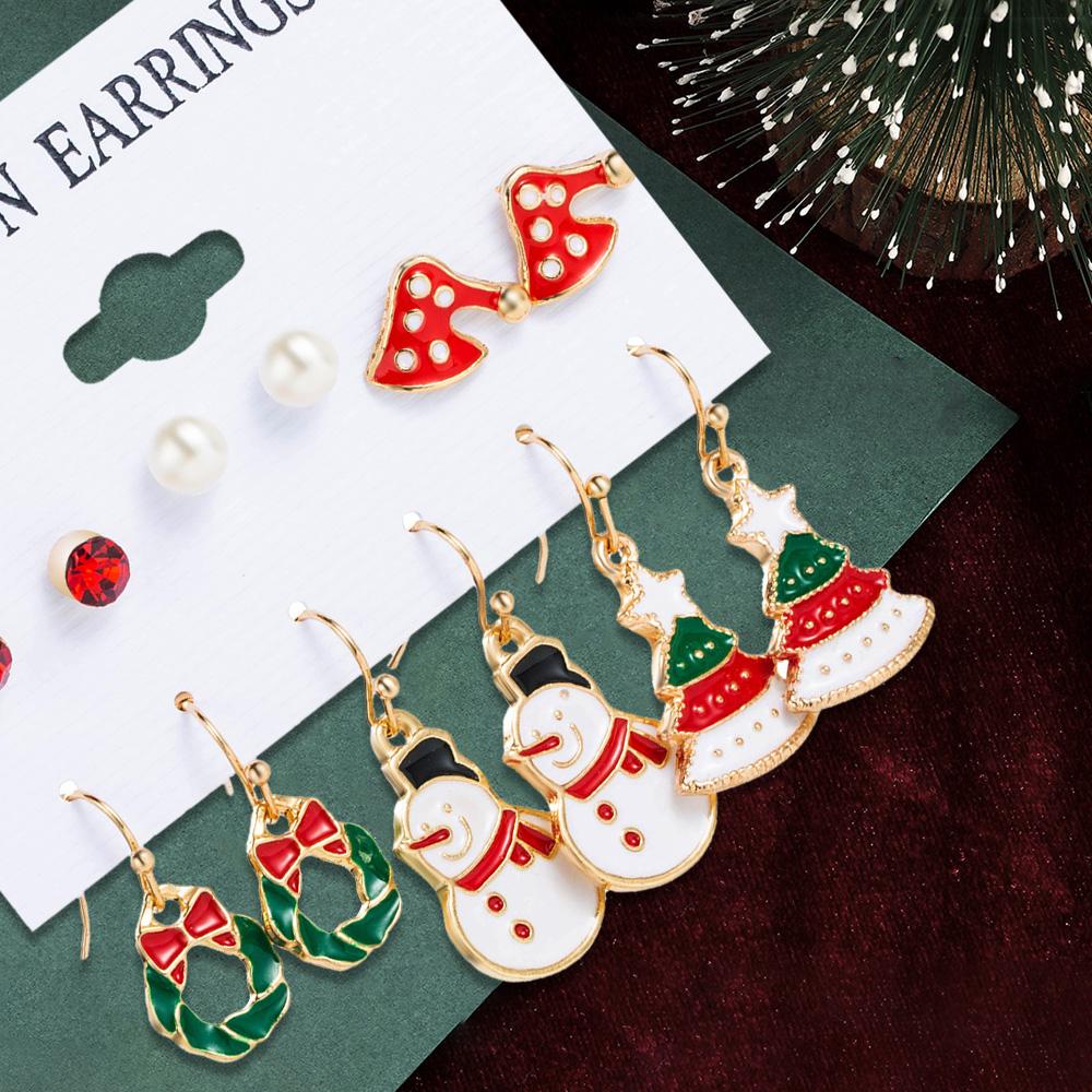 6 Piece Set Ladies Christmas Series Style Earrings Christmas Tree Snowman Pattern Fashionable Temperament Earrings Accessories