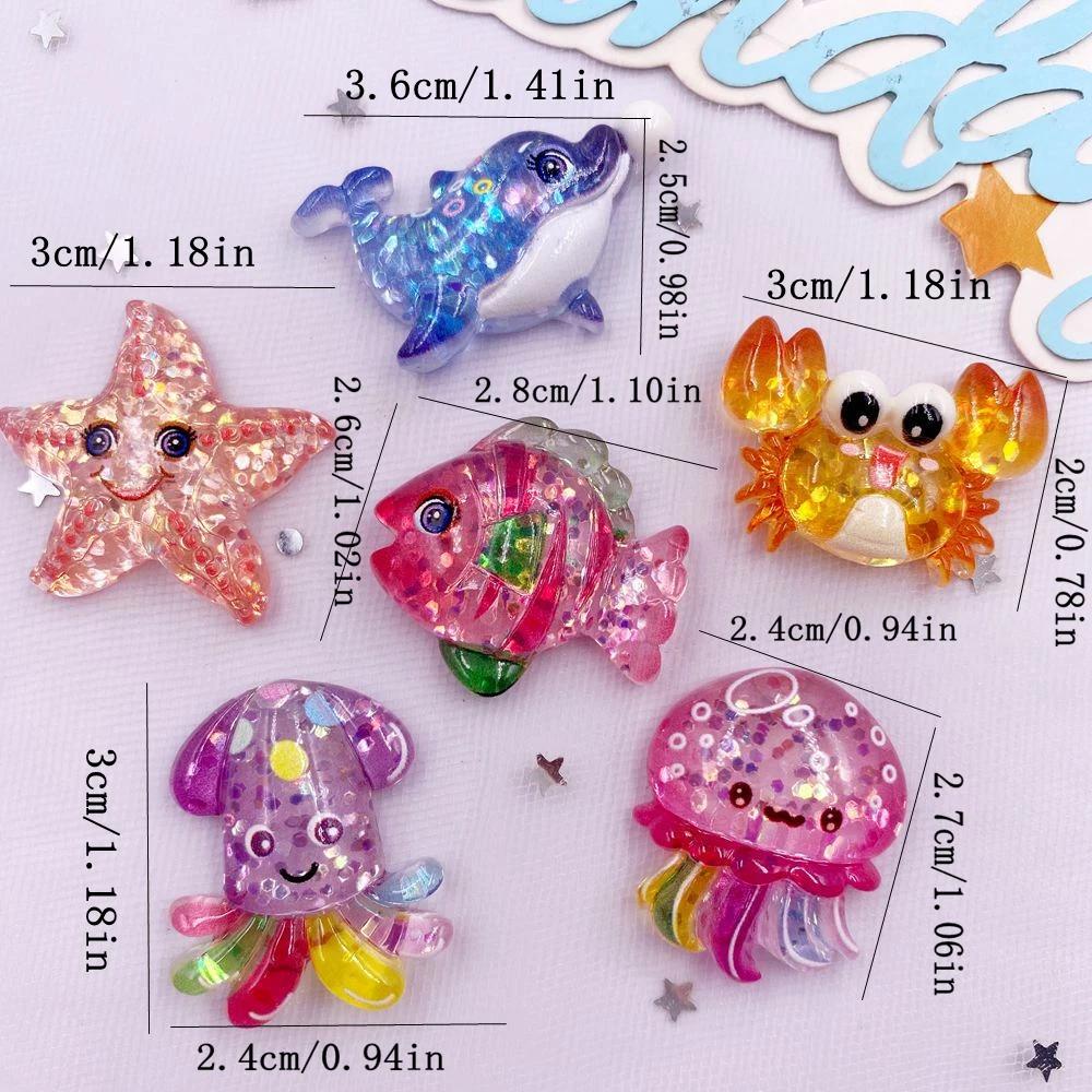 10pcs Glitter Colorful Resin Sea Star Crab Jellyfish Dolphin Ocean Animal Flatback Rhinestone Scrapbook DIY Figurine Decor Craft