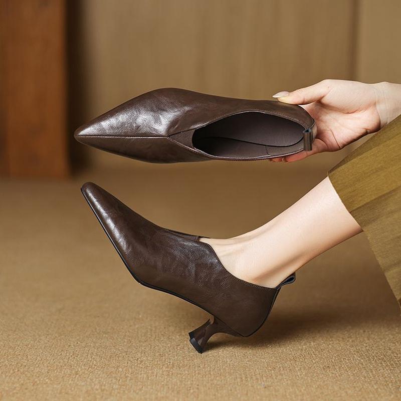 Fashion NEW Spring/Autumn Women Pumps Pointed Toe Kitten Heel Shoes Split Leather Shoes for Women Solid Slip-on High Heel Handmade Shoes