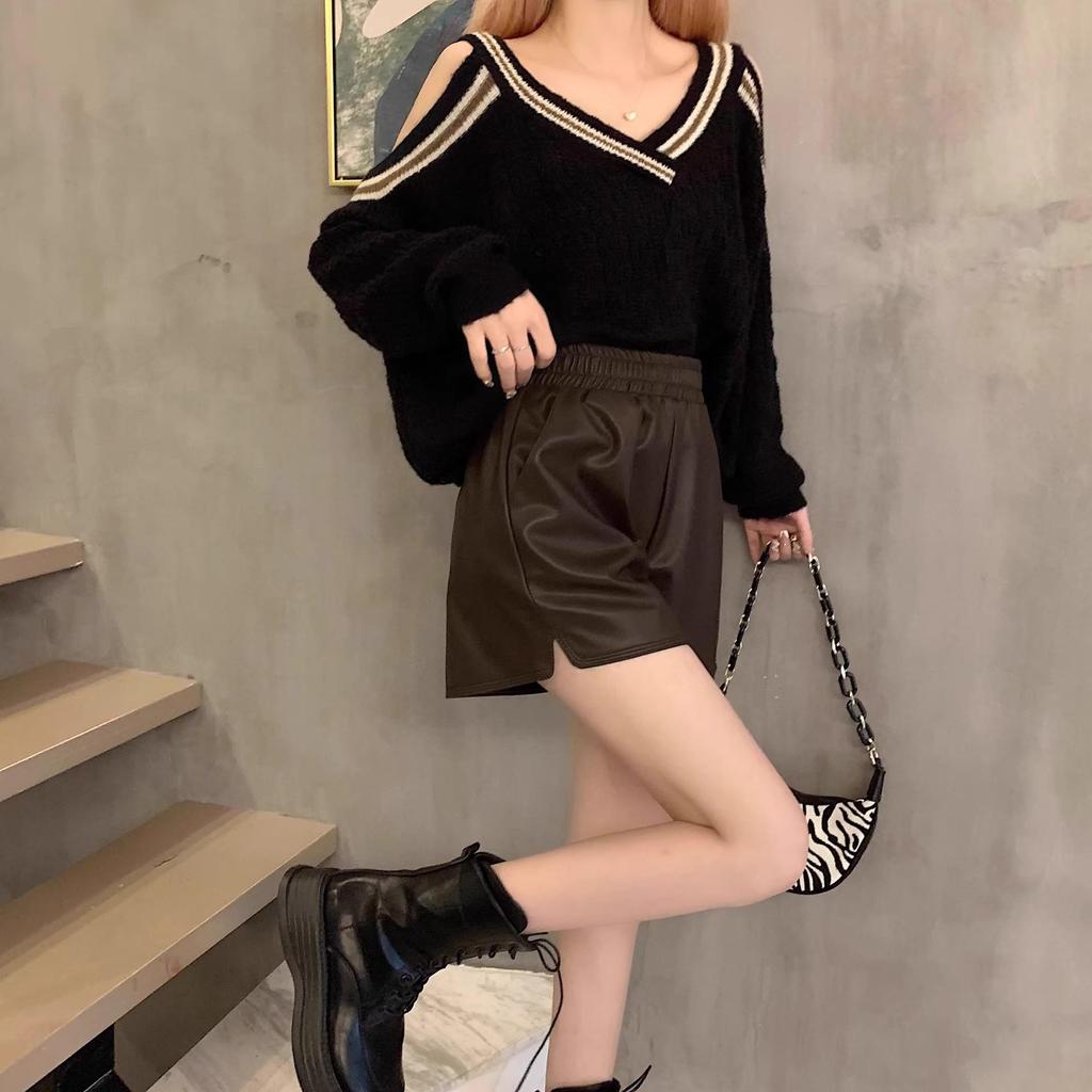 Women's High-Waisted PU Leather A-Line Shorts - Winter 2024, Versatile Wide-Leg Bootcut Pants