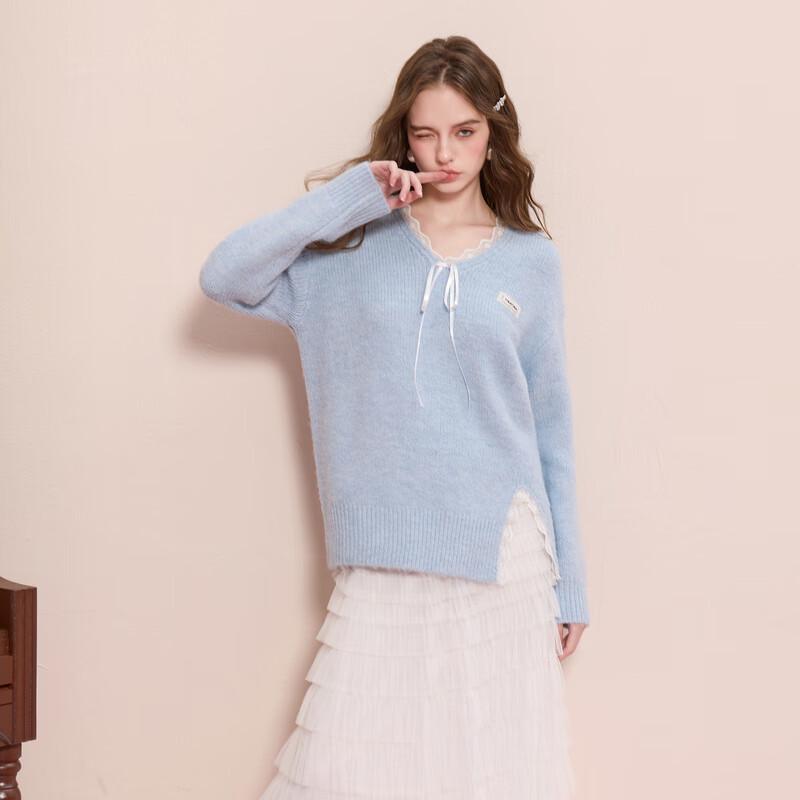 

Топ-пуловер с V-образным вырезом и отделкой кружевом санкай XL