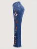 European & Korean Style Women's Plus Size Embroidered Micro-Flare Washed Denim Jeans