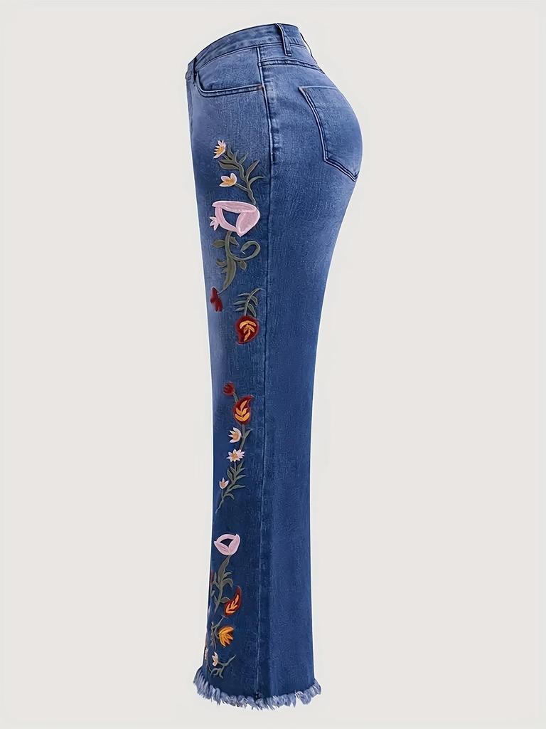 European & Korean Style Women's Plus Size Embroidered Micro-Flare Washed Denim Jeans