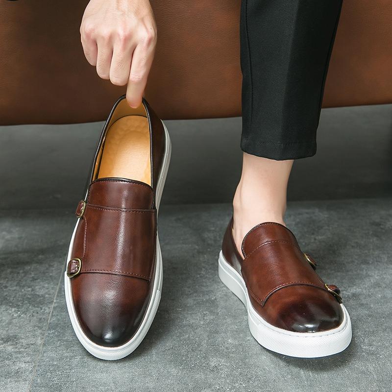 Slip-on-Loafer für Herren, lässig, flach, für die Arbeit, Lederschuh, flacher Schnallenriemen, atmungsaktiv, Nähen, britische Flats