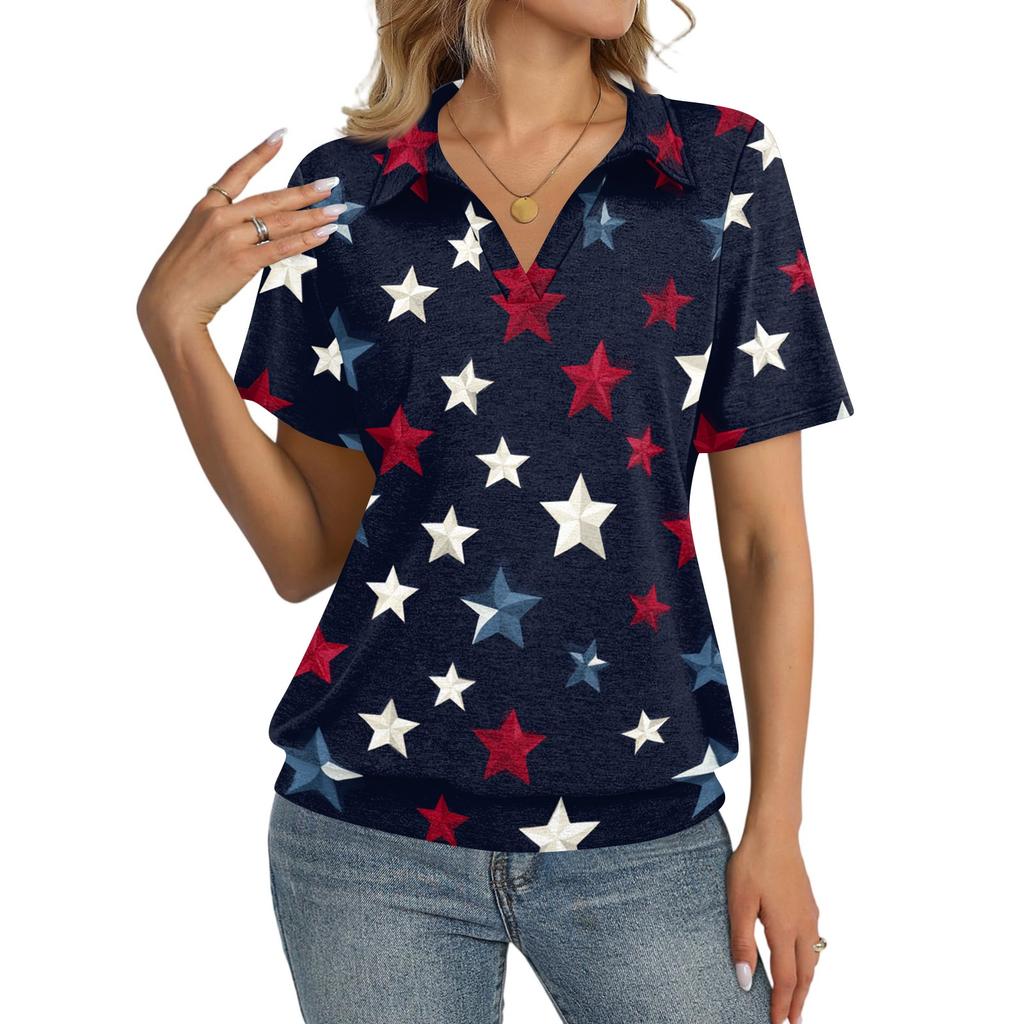 Women's Casual Short Sleeve Polo Shirt with Independence Day Print Collared Top Lightweight Breathable Summer Tee