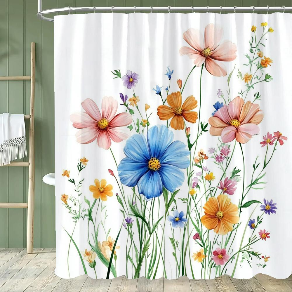Floral Shower Curtain, Bathroom Watercolor Floral Shower Curtain, Modern Flowers Decorative Fabric Home Curtain With Hooks