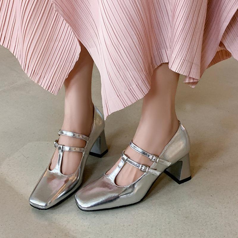 Square heel buckle non-slip beef tendon sole single shoes, new comfortable cowhide fashion single shoes for women, square head high heel small leath