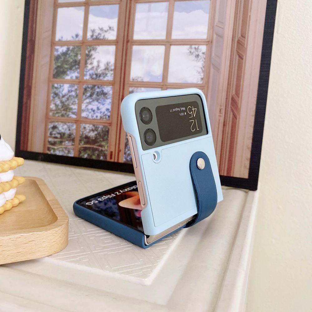 For Samsung Galaxy Z Flip 4 3 Case Luxury Contrasting Colors Leather Retractable Wrist Strap Folding Shockproof Protection Cover