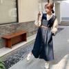 2024 New Hong Kong Style Retro Denim Dress Suit: Long-Sleeve Shirt & Denim Vest Skirt Set
