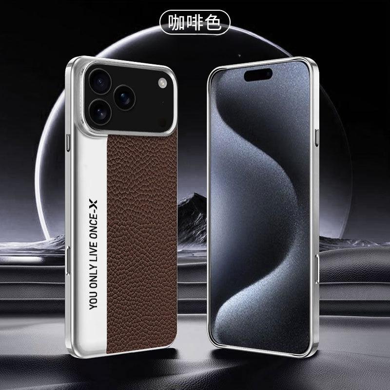 

Lichee Pattern Cowhide Leather Camera Phone Case for iPhone 17 Pro Max 17Air 16 15 Pro Two Color Splicing Slim Protective Cover iPhone Air коричневый
