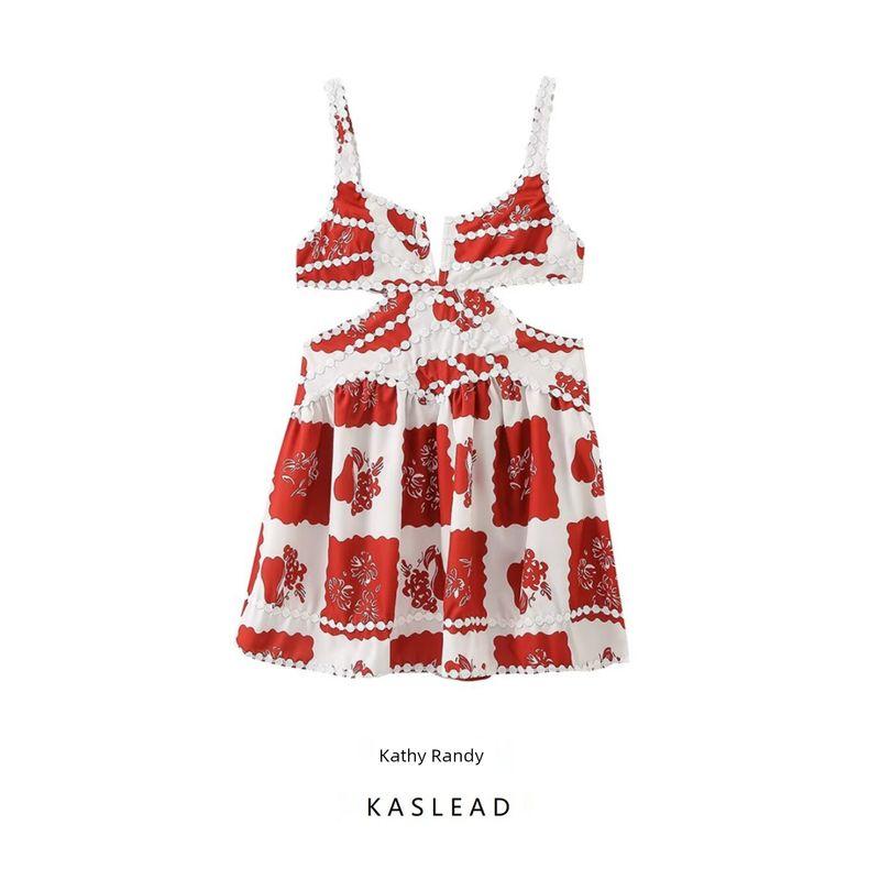 Kaslead New Arrival Women's Clothing Fashion Style Fashion Print Strap Lace A- line Cut Out Jumpsuit Skirt