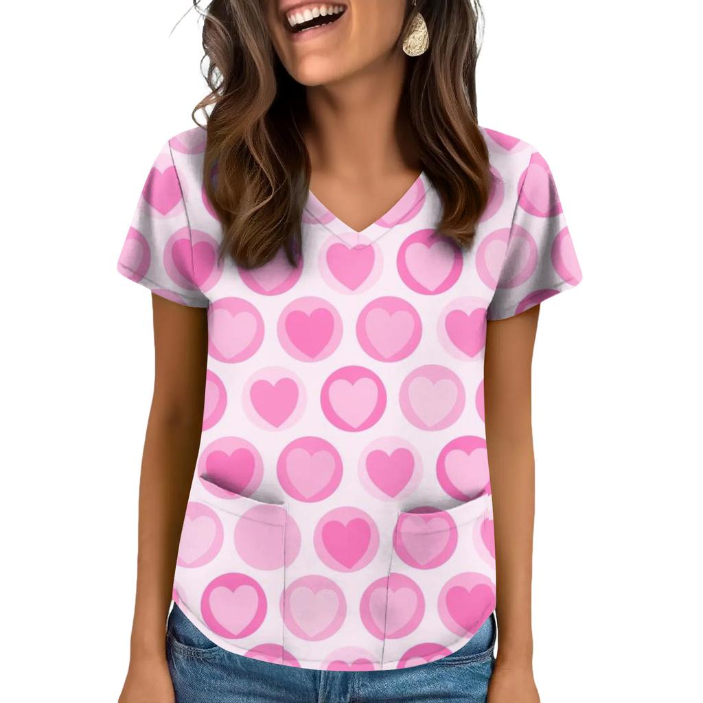 Women's V-neck Valentine's Day Printed Short-sleeved Top With Pockets And Side Slits, Suitable For Caregivers.