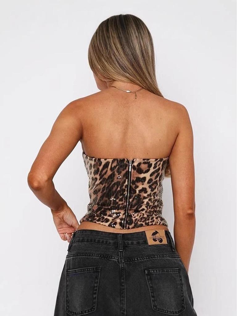 2025 European & American Leopard Print Sequin High-Waisted Zipper Bustier Crop Top Women's Fashion