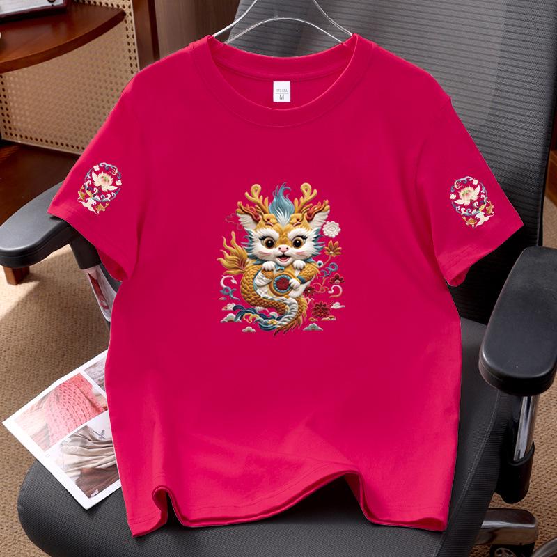 New Chinese Style Unisex Cotton Short Sleeve T-shirt with Auspicious Print