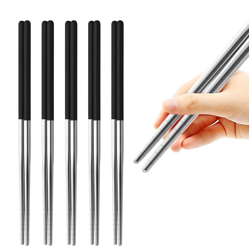 5Pairs Metal Stick Chopsticks Stainless Steel White Gold Non-slip Sushi Korean Japanese Chopstick Reusable Kitchen Tableware