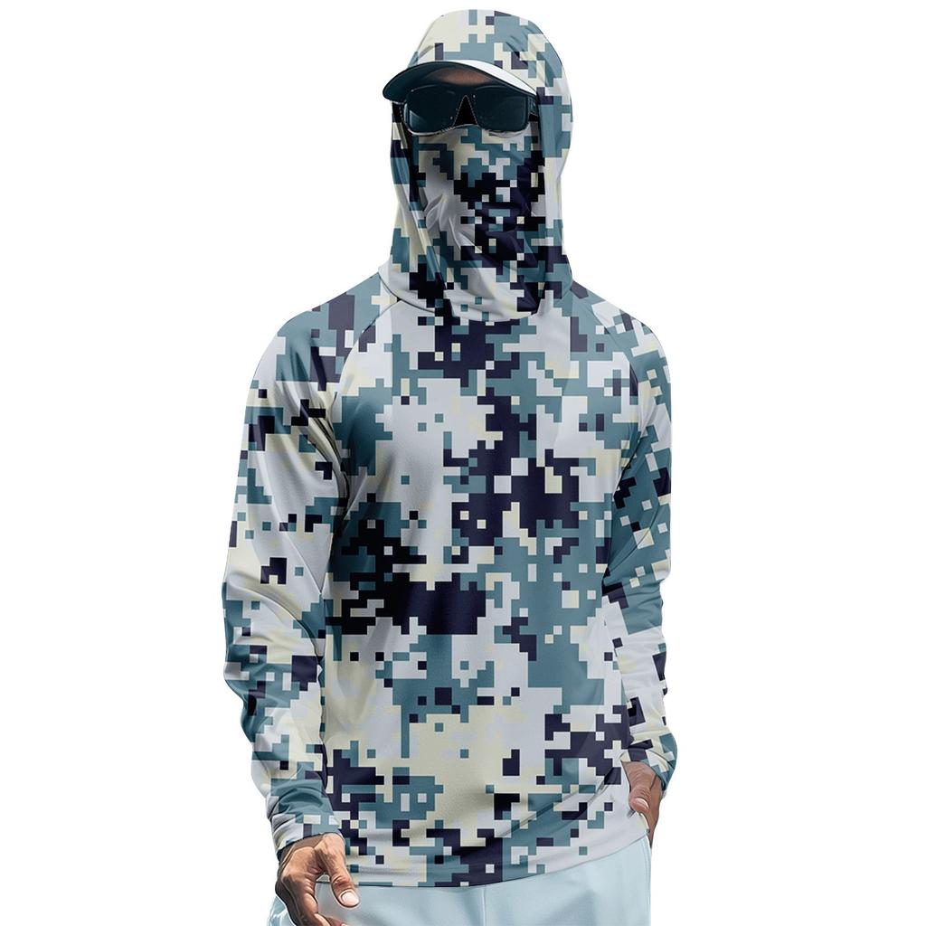Herren Sommer Camouflage Schnelltrocknendes Langarm-T-Shirt Sonnenbekleidung Angeln Fitness Sport Kapuzen-Langarm-Top