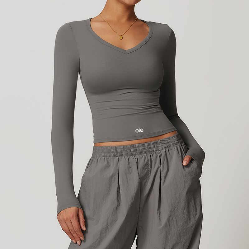 

Aloneadv Tight Yoga Long Sleeves Women s Spring Quick-Drying Brushed Running Training Workout Top Slim Looking Sports T-shirt Gray XL