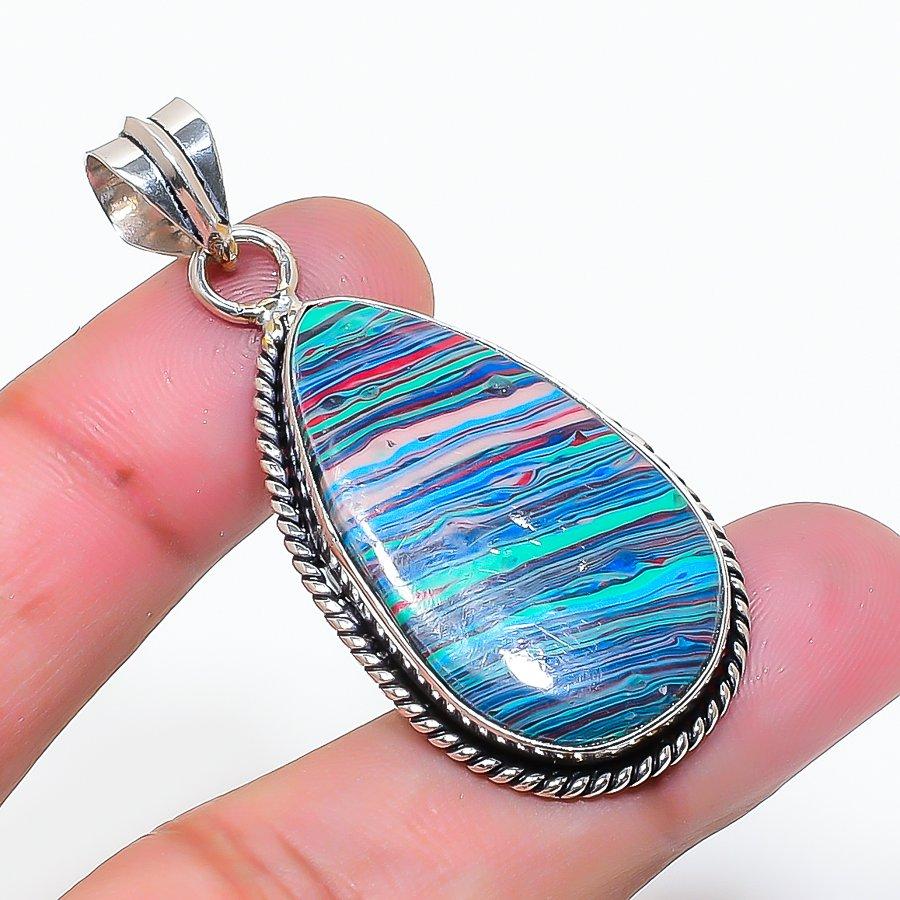 Natural Rainbow Calsilica Gemstone 925 Sterling Silver Pendant 1.97" AP-15227