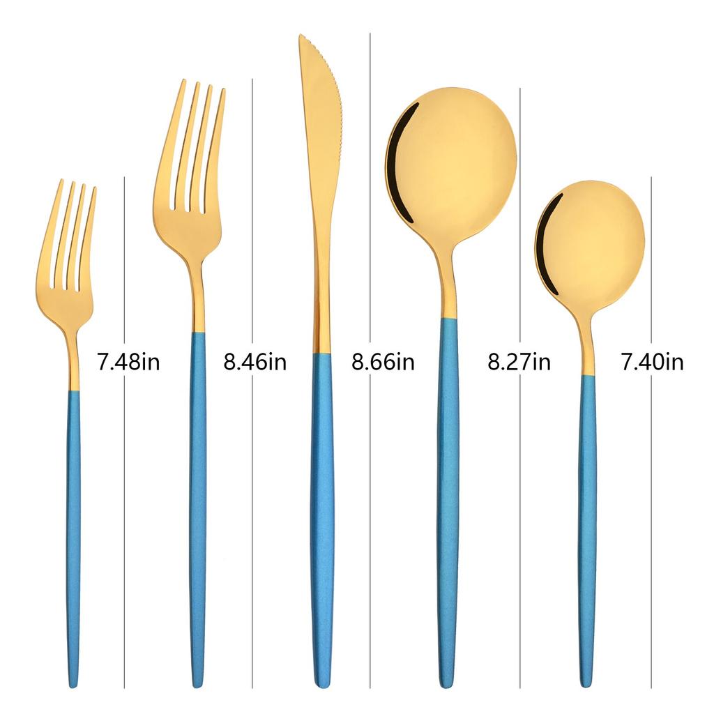Blue Gold 5Pcs Dinnerware Set Silverware Flatware Knife Dessert Fork Spoon Stainless Steel Tableware Cutlery Set Protable Eating Utensils