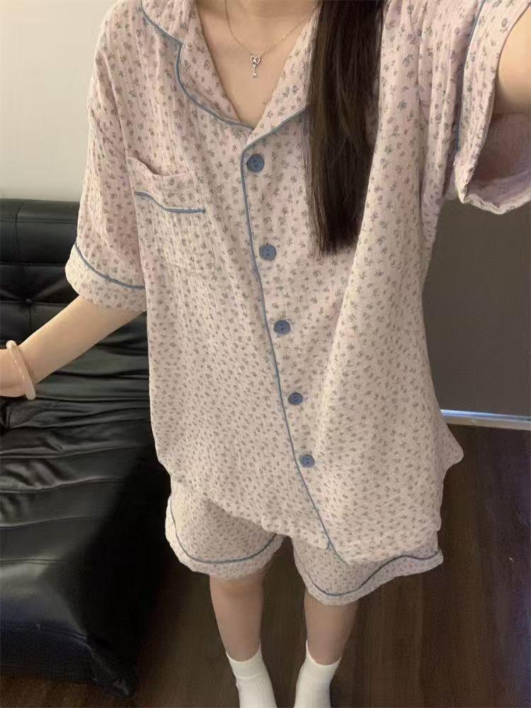 

Purple floral small fragrant pajamas women s summer cardigan short-sleeved shorts two-piece set women s casual loose loungewear S