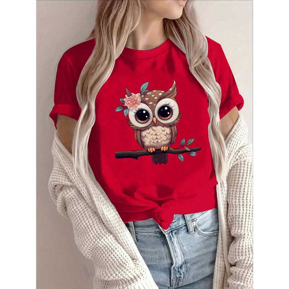 Women's Summer Cartoon Owl Printed Round Neck Short Sleeve Casual T-Shirt
