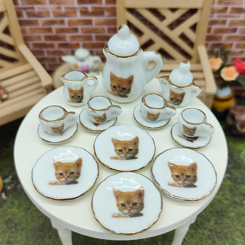 15Pcs Desk Top Mini Doll House Accessories Ceramic 7 Styles China Tea Cup Pocket Tea Set For Dollhouse Decor Kids Pretend Play