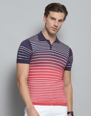 Mens Striped Purple Collar Neck Half Sleeve T-Shirt