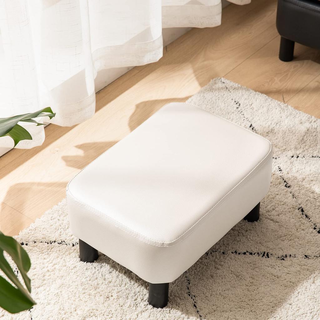 IBUYKE Small PU Leather Ottoman Modern Home Living Room Bedroom Rectangular Stool with Padded Seat and Pine Wood White Footstool, Footrest, Legs,