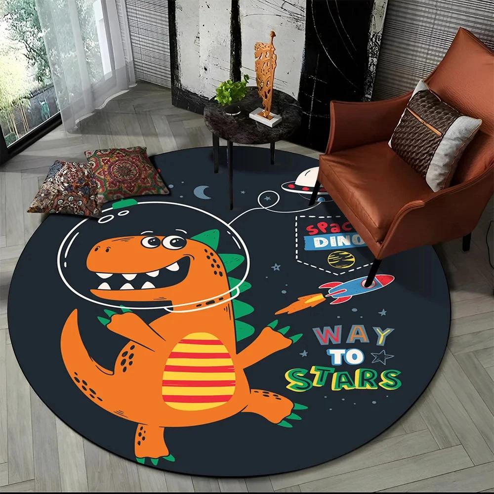 Cartoon Dinosaur Round Carpet Outer Space Cute Dino Area Rug for Living Room Bedroom Sofa Decor Non-slip Children's Crawling Mat