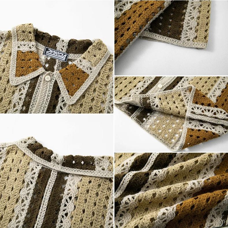 Casual Knitted Short Sleeve Shirt for Men Button Down Crochet Hollow Out Shirt Top Men's Summer Vacation Vintage Knit Golf Beach Collared Shirts Tops