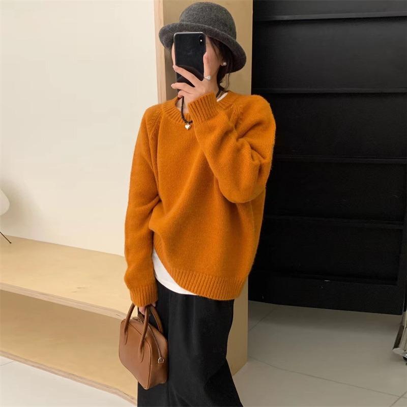 Thick Round Neck Pullover Sweater Women's Autumn and Winter New Loose Soft Waxy Candy-colored Knitted Top Outer Wear